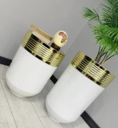 ELEGANT Dekoratif Gold Darbuka Parlak Beyaz Saksı 70cm + 60cm Sehpa İkili Set thumbnail 2