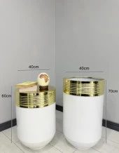 ELEGANT Dekoratif Gold Darbuka Parlak Beyaz Saksı 70cm + 60cm Sehpa İkili Set thumbnail 3
