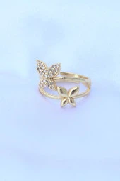 Pirinç Gold Renk Ayarlanabilir Zirkon Taşlı Kelebek Yüzük - EBJ240608W24867 thumbnail 2