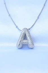 316L Çelik Zincirli Zirkon Taşlı A Harfli Gümüş Renk Bubble Kolye - EBJ240608W24835 thumbnail 1