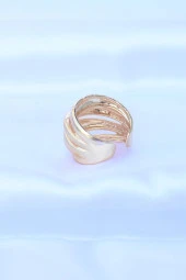 Pirinç Gold Renk Ayarlanabilir Tırtıklı Bombe Yüzük - EBJ240608W24847 thumbnail 3