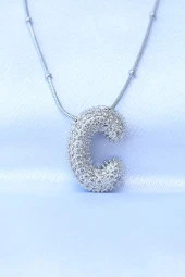 316L Çelik Zincirli Zirkon Taşlı C Harfli Gümüş Renk Bubble Kolye - EBJ240608W24822 thumbnail 1