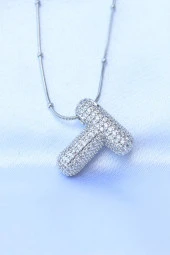 316L Çelik Zincirli Zirkon Taşlı T Harfli Gümüş Renk Bubble Kolye - EBJ240608W24827 thumbnail 1