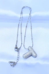 316L Çelik Zincirli Zirkon Taşlı T Harfli Gümüş Renk Bubble Kolye - EBJ240608W24827 thumbnail 2