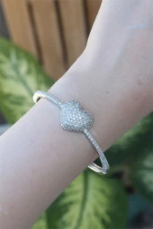 Vip Seri Pirinç Zirkon Taşlı Gümüş Renk Kalp Model Kelepçe - EBJ240608W24802 thumbnail 2