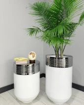 ELEGANT Dekoratif Krom Darbuka Parlak Beyaz Saksı 70cm + 60cm Sehpa İkili Set thumbnail 1
