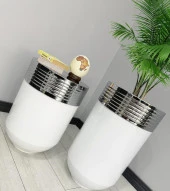 ELEGANT Dekoratif Krom Darbuka Parlak Beyaz Saksı 70cm + 60cm Sehpa İkili Set thumbnail 2