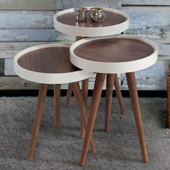 3'Lü Ahşap Yuvarlak Zigon Sehpa Ekru Polen C1 - 2