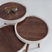 3'Lü Ahşap Yuvarlak Zigon Sehpa Ekru Polen C1 - 1