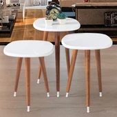 3'Lü Ahşap Yuvarlak Zigon Sehpa Beyaz Mermer Lüx Ayaklı B8 - 1