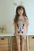 KIZ ÇOCUK MİCKEY LEOPAR MODELLİ PAMUK ŞORTLU TAKIM - 1