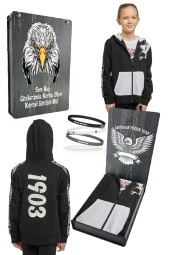 Beşiktaş Orijinal Lisanslı Kartal Baskı Kapüşonlu Çocuk Sweat + Bileklik Set Hediyelik Ahşap Kutulu - 1