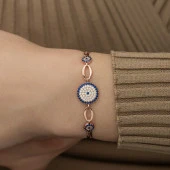 925 Ayar Gümüş Rose Nazar Boncuklu Bileklik - 4