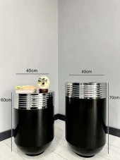 ELEGANT Dekoratif Krom Darbuka Parlak Siyah Saksı 70cm + Sehpa 60cm İkili Set thumbnail 3
