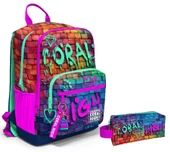 Coral High Dört Bölmeli Ortaokul Sırt Çantası ve Kalemlik Seti - Pembe Lacivert Grafiti - Erkek Çocuk - 1