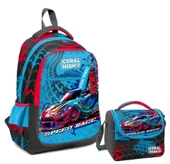 Coral High Üç Gözlü İlkokul Çantası ve Beslenme Çantası - Gri Mavi Yarış Arabası Desenli - Erkek Çocuk thumbnail 1
