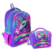 Coral High Kız Çocuk Üç Gözlü İlkokul ve Ortaokul Sırt Çantası+Beslenme - Mor Simli Unicorn thumbnail 1