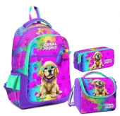 Coral High Kız Çocuk Üç Gözlü İlkokul Çanta Seti - Mor Pembe Köpek Desenli thumbnail 1