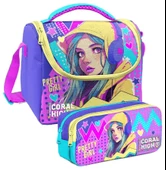 Coral High Lavanta Turkuaz Kulaklıklı Kız Desenli Kız Çocuk Isı Yalıtımlı Beslenme Çantası ve Kalemlik Seti thumbnail 1