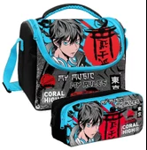 Coral High Siyah Mavi Anime Desenli Erkek Çocuk Isı Yalıtımlı Beslenme Çantası ve Kalemlik Seti thumbnail 1