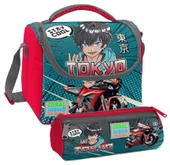 Coral High Gri Nefti Anime Motorsiklet Desenli Erkek Çocuk Isı Yalıtımlı Beslenme Çantası ve Kalemlik Seti thumbnail 1