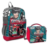 Coral High Dört Bölmeli Erkek Çocuk Okul Sırt Çantası ve Beslenme Seti - Gri Nefti Anime Motorsiklet thumbnail 1