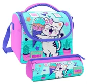 Coral High Turkuaz Pembe Dondurmalı Kedi Desenli Kız Çocuk Isı Yalıtımlı Beslenme Çantası ve Kalemlik Seti thumbnail 1