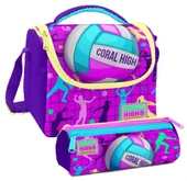 Coral High Pembe Mor Voleybol Desenli Kız Çocuk Isı Yalıtımlı Beslenme Çantası ve Kalemlik Seti thumbnail 1