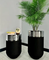 ELEGANT Dekoratif Krom Darbuka Siyah Saksı 70cm + Sehpa 60cm İkili Set thumbnail 1