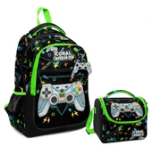 Coral High Üç Gözlü İlkokul Çantası ve Beslenme Çantası - Siyah Fosforlu Yeşil Gamer Desenli - Erkek Çocuk - 1