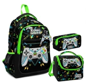 Coral High Erkek Çocuk Üç Gözlü İlkokul Çanta Seti - Siyah Fosforlu Yeşil Gamer Desenli - 1