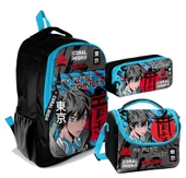 Coral High Üç Gözlü İlkokul ve Ortaokul Çanta Seti - Erkek Çocuk - Siyah Mavi Anime Desenli thumbnail 1