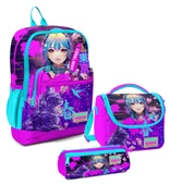 Coral High Kız Çocuk Üçlü İlkokul Okul Çanta Seti - Mor Pembe Anime Kedi thumbnail 1