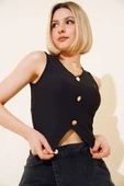 Düğme Detaylı Kaşkorse Crop Siyah thumbnail 1