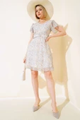 Çiçek Desen Kemerli Mini Elbise Ekru thumbnail 2