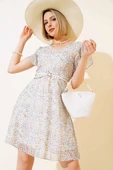 Çiçek Desen Kemerli Mini Elbise Ekru thumbnail 1