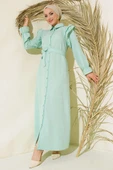 Omuzları Fırfırlı Keten Elbise Mint thumbnail 1