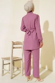 Yaka ve Manşet Taş Detaylı Keten İkili Takım Gül Kurusu thumbnail 3
