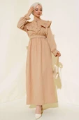 Omuz Fırfırlı Keten Elbise Latte thumbnail 1