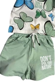 Kız Çocuk Kelebek Desenli Kısa Kollu Yeşil Şortlu Takım thumbnail 6