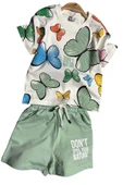 Kız Çocuk Kelebek Desenli Kısa Kollu Yeşil Şortlu Takım thumbnail 4