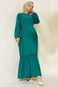 Bilekleri Lastikli Kuşaklı Elbise Zümrüt Yeşili thumbnail 2