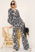 Desenli V Yaka Crop İkili Takım Siyah thumbnail 1