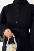 Bel Lastikli Kendinden Desenli Elbise Siyah - 4