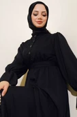 Bel Lastikli Kendinden Desenli Elbise Siyah - 2