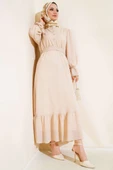 Bel Lastikli Kendinden Desenli Elbise Bej thumbnail 1