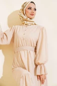 Bel Lastikli Kendinden Desenli Elbise Bej thumbnail 4