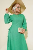 Yanları Bağlamalı Keten Elbise Yeşil thumbnail 2