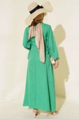 Yanları Bağlamalı Keten Elbise Yeşil thumbnail 3