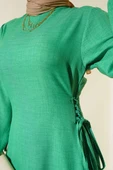 Yanları Bağlamalı Keten Elbise Yeşil thumbnail 4